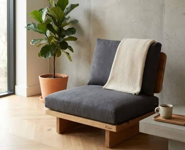 Zed Design Modern Minimalist Walnut Wood Upholstered Lounge Chair