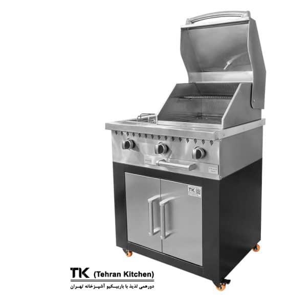 Tehran Kitchen 75 cm Gas & Charcoal BBQ with Cabinet, Stainless-Steel Top & Front, 7-Burner Grill with Side Burner