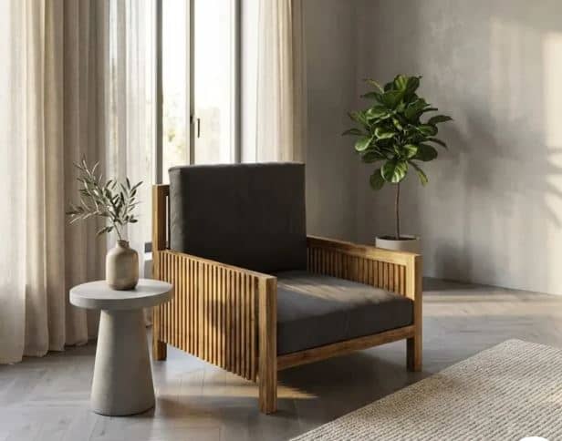 Zed Design Modern Solid Natural Walnut Wood Upholstered Armchair with Custom Fabric Upholstery