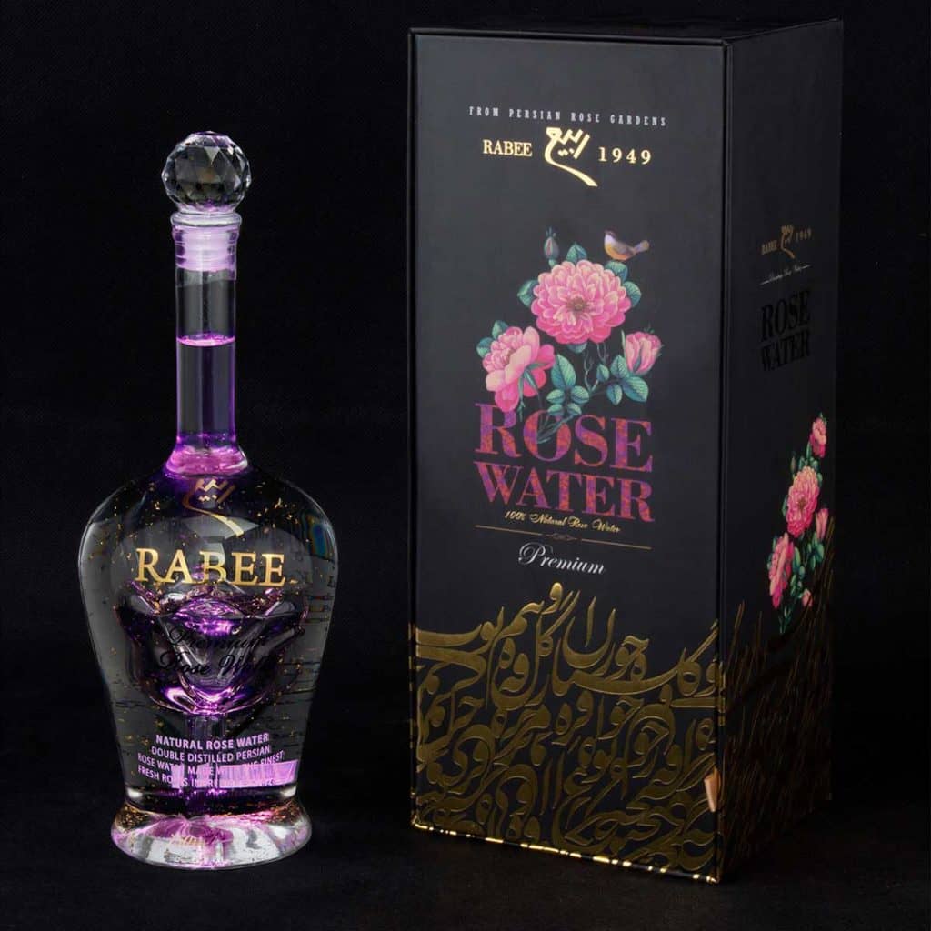 Rabee Luxury Rose Water 750ml | Premium Persian Rose Water with 24K Edible Gold Flakes | Luxury Glass Bottle & Gift Box