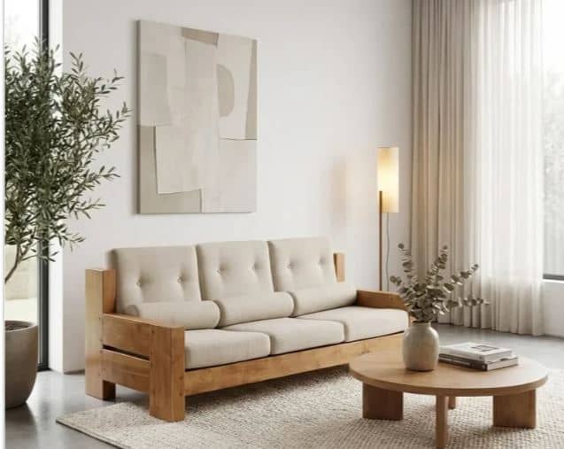 Zed Design Natural Russian Wood Living Room Sofa Set with Customizable Cream Fabric Upholstery