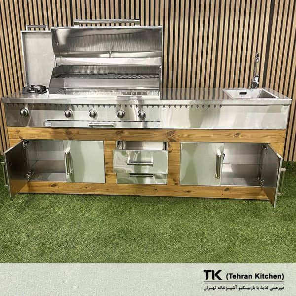 Tehran Kitchen 242 cm Gas & Charcoal BBQ with Stainless Steel Cabinet and Thermowood Finish