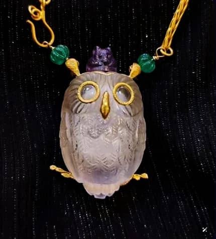 Handcrafted Natural Quartz Owl Design Perfume Bottle with Amethyst Mouse Cap and 24K Gold Chain