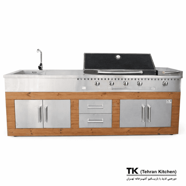 Tehran Kitchen 242 cm Gas & Charcoal BBQ with Stainless Steel Cabinet and Thermowood Finish