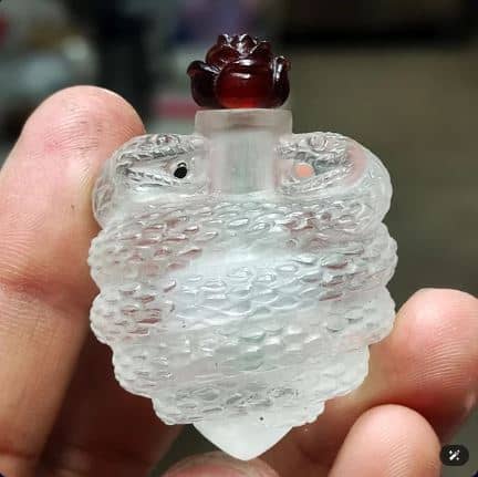 Handcrafted Natural Quartz Snake and Rose Design Hanging Perfume Bottle with Garnet Rose Cap Gemstone Ornament