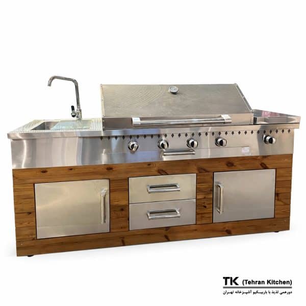 Tehran Kitchen 190 cm Gas & Charcoal BBQ with Cabinet, Stainless-Steel Top, Thermowood Panels, Side Burner & Sink