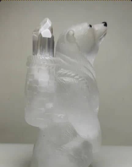 Handcrafted Natural Quartz Polar Bear Tabletop Perfume Bottle with Obsidian Eyes and Ice Crystal Cap