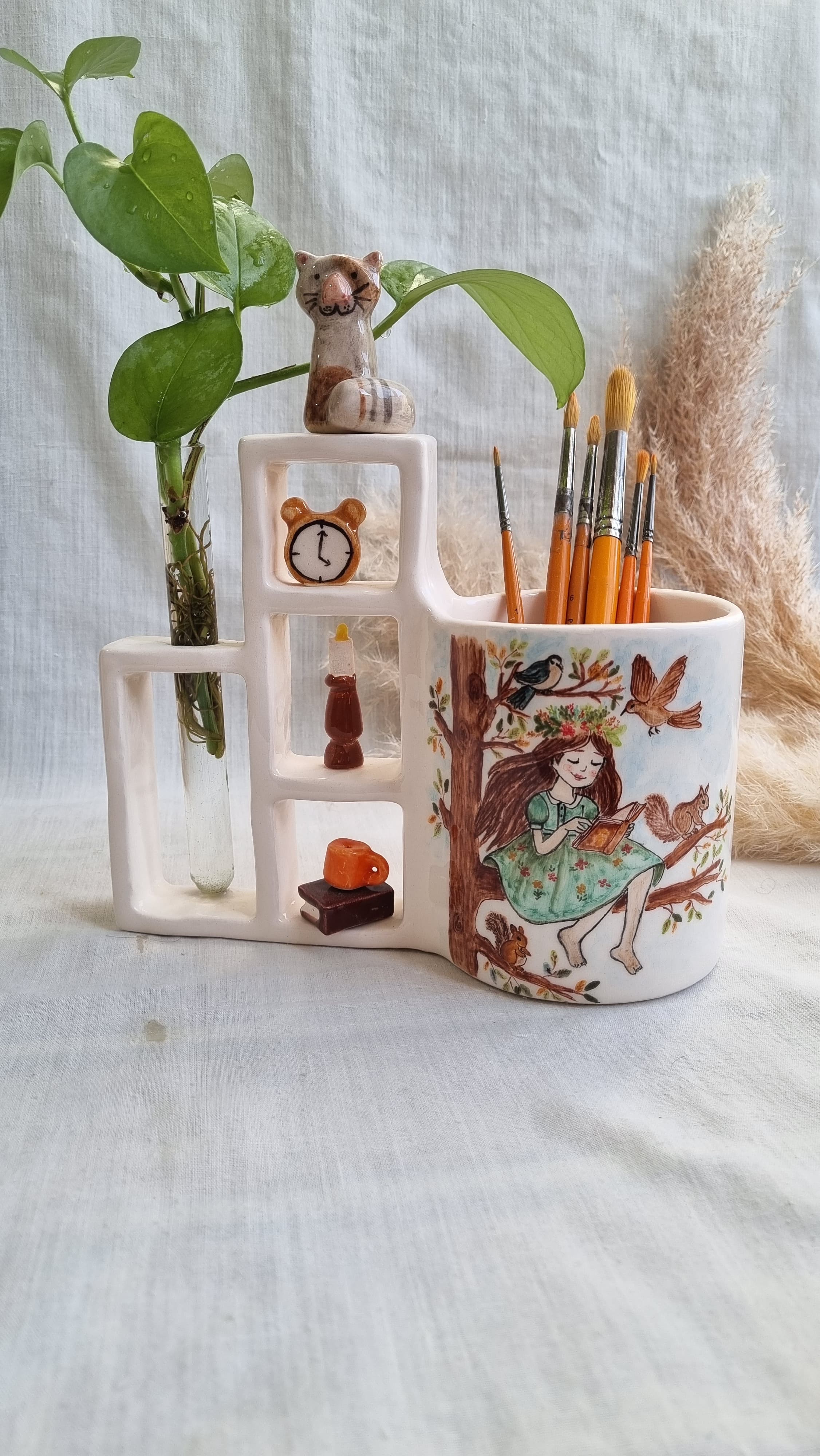 Handmade ceramic desk pen holder with autumn girl design