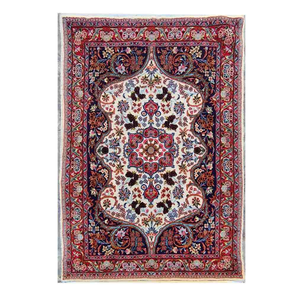 Handmade Persian White Lachak Carpet - Navy Blue Background