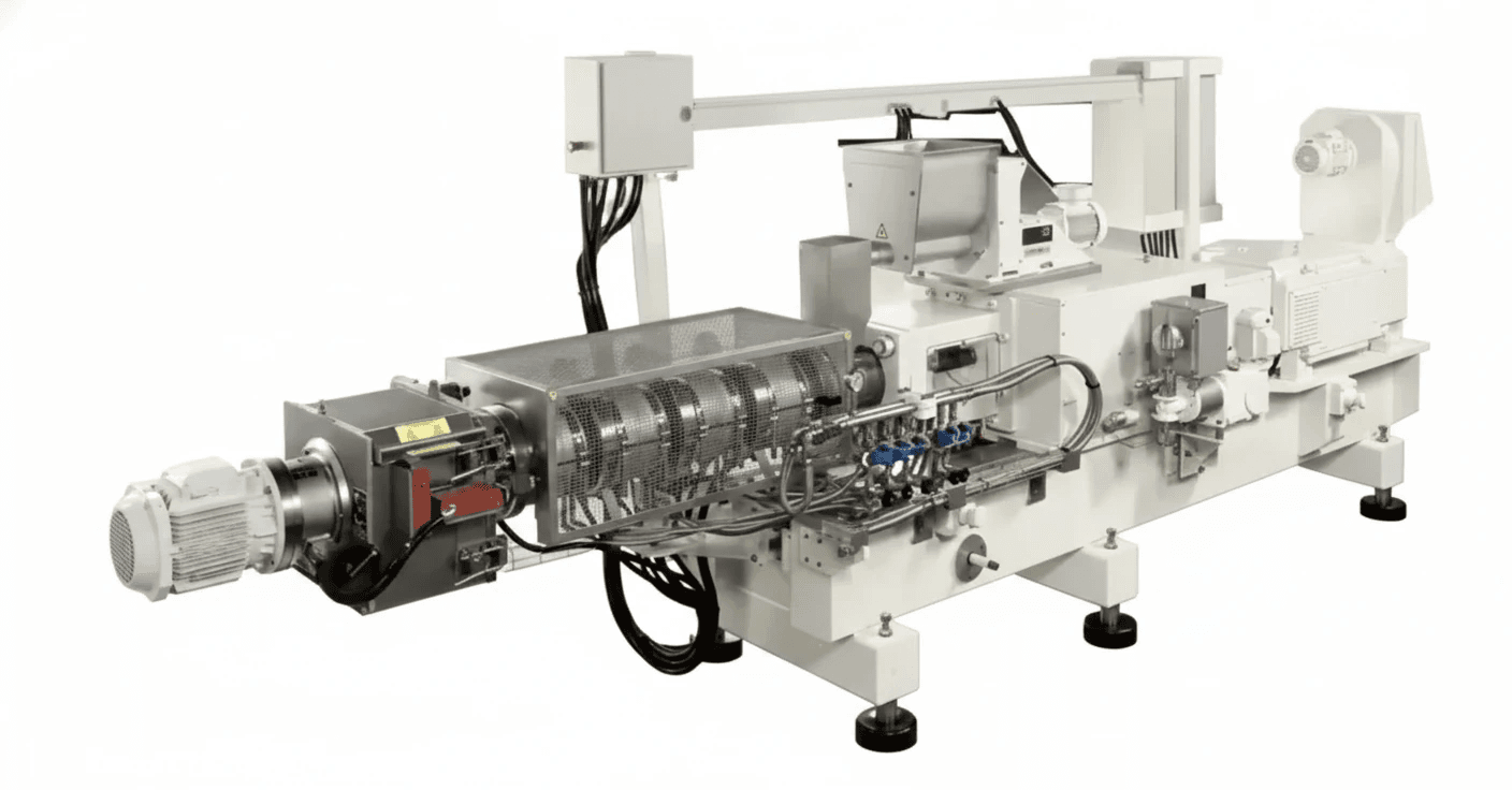 Twin-Screw Extruder:  Used for processing a wide range of products, including various types of snacks, breakfast cereals, textured proteins, pet foods, aquatic feeds, and more.