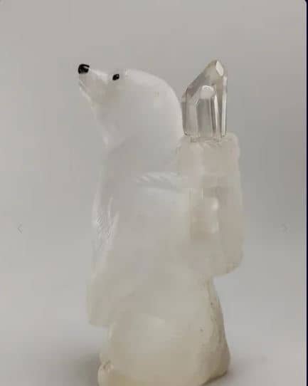 Handcrafted Natural Quartz Polar Bear Tabletop Perfume Bottle with Obsidian Eyes and Ice Crystal Cap