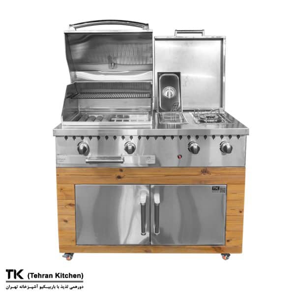Tehran Kitchen 110 cm Gas & Charcoal BBQ with Stainless Steel, Thermowood, Fryer & Side Burner