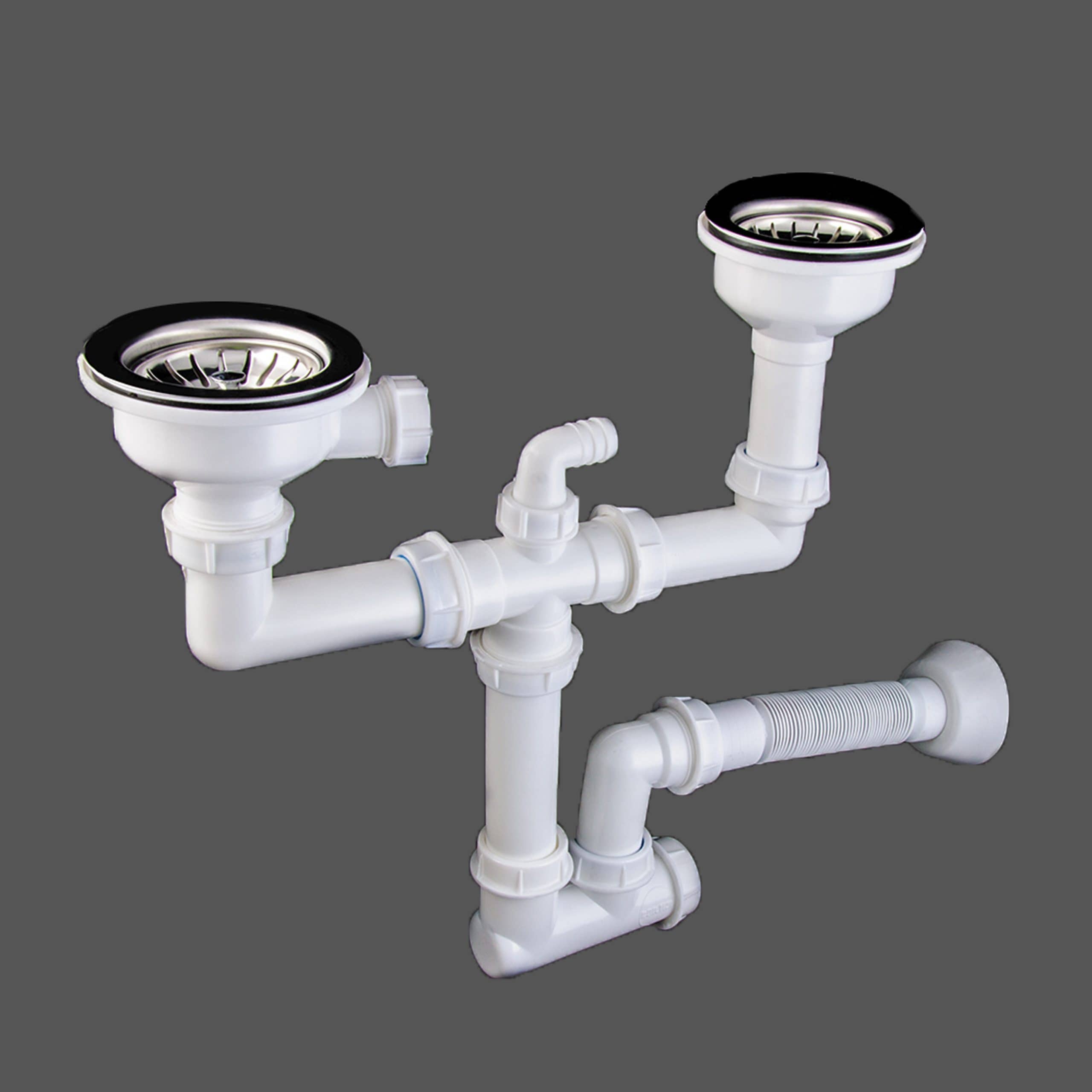 Drain Siphon for Double Bowl Sinks Without Overflow include Cleaning Port