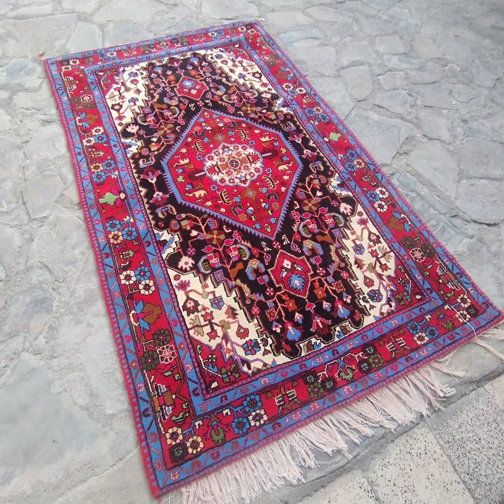 Handmade Persian White Lachak Carpet-Navy Blue Background