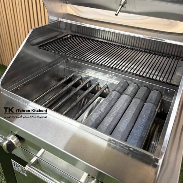 Tehran Kitchen 75 cm Gas & Charcoal BBQ with Cabinet, Stainless-Steel Top & Front, 10-Burner Grill
