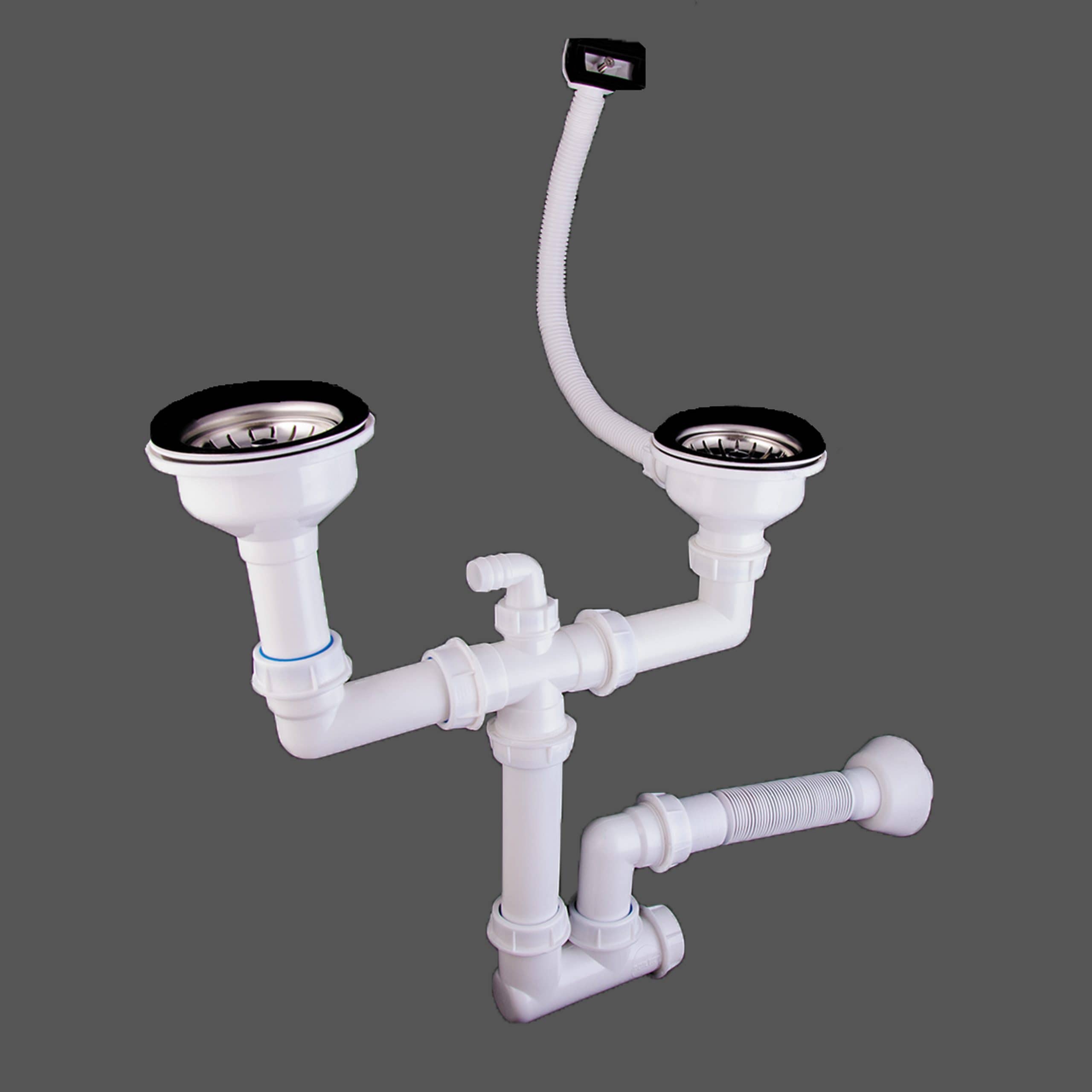 Drain Siphon for Double Bowl Sink With Overflow include Cleaning Port