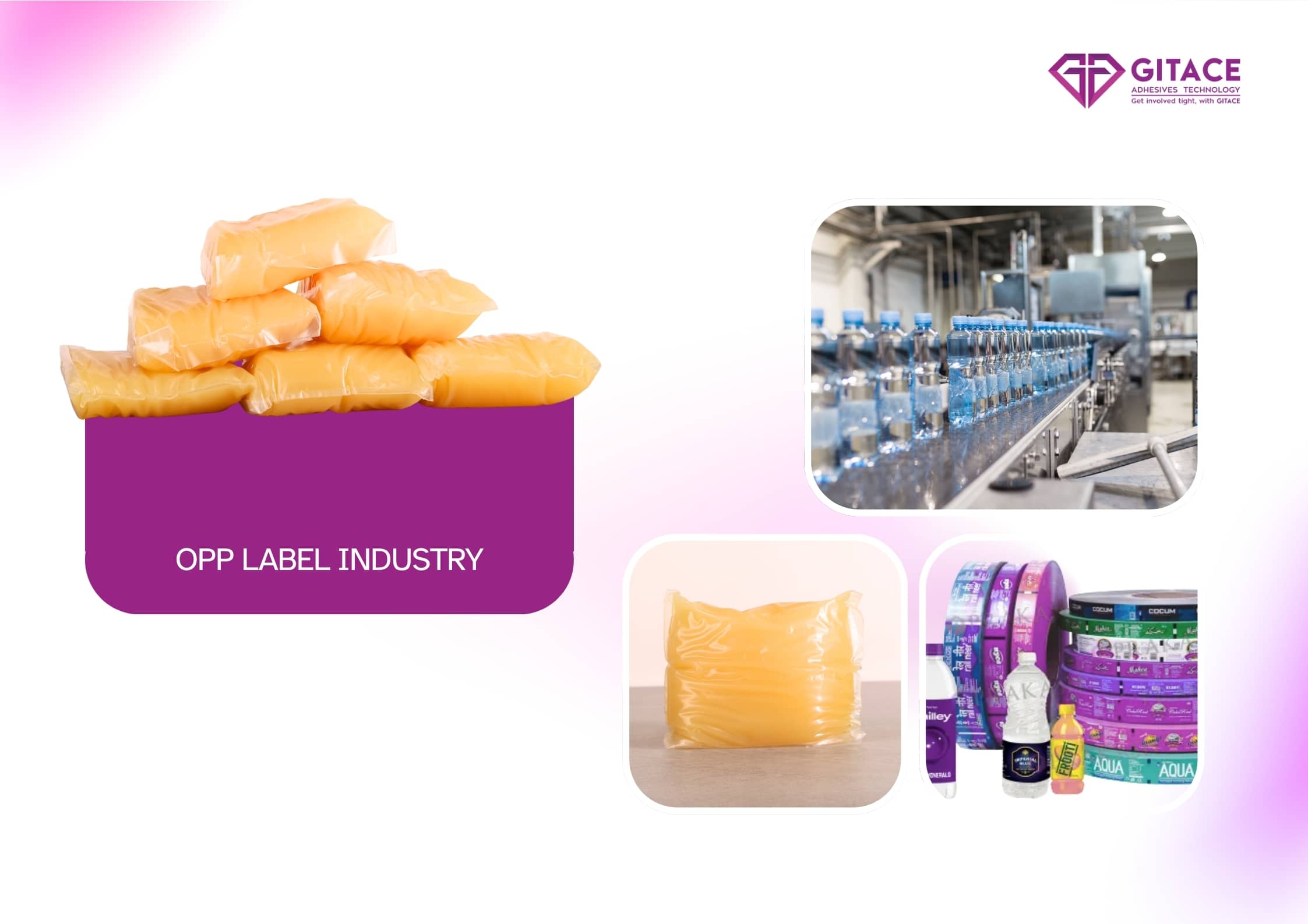 Premium hot melt adhesive formulated for OPP wrap-around labeling, offering fast setting, strong wet adhesion, and clean machinability.