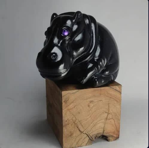Handcrafted Black Obsidian Hippopotamus Decorative Collectible Gemstone Statue with Amethyst Eyes