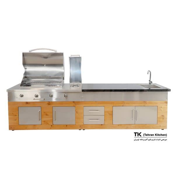 Tehran Kitchen 330 cm Island BBQ - Stainless Steel & Thermowood with Black Stone Worktop, 16-Burner Grill