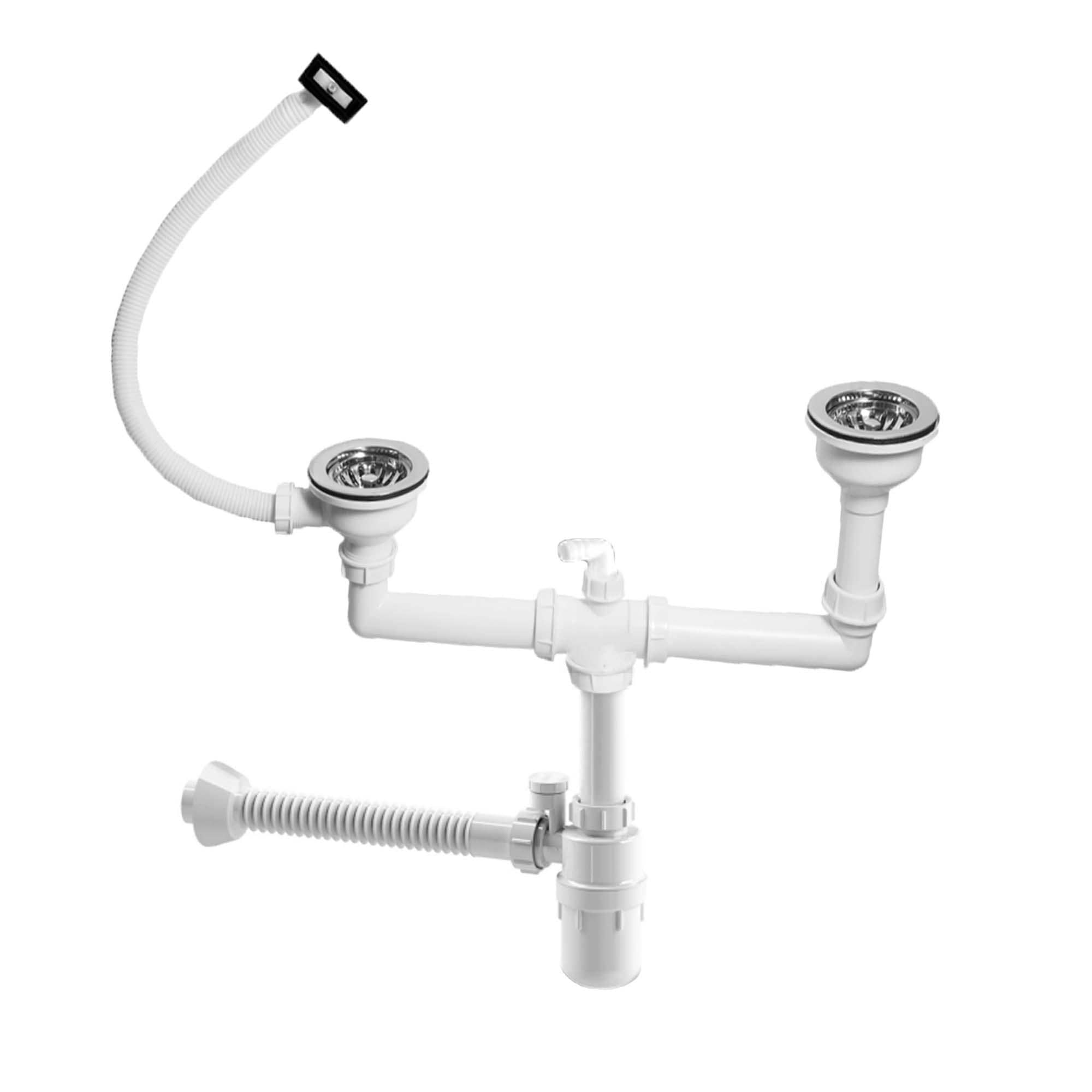 Drain siphon for double bowl sinks with overflow include cleaning port