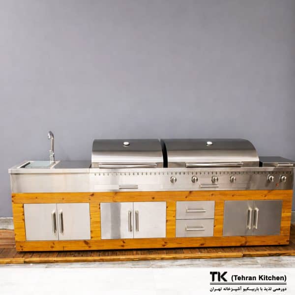 Tehran Kitchen 370 cm Full-Option Gas & Charcoal BBQ Island with Stainless Steel, Thermowood Cabinet, Side Burner, Fryer & Sink