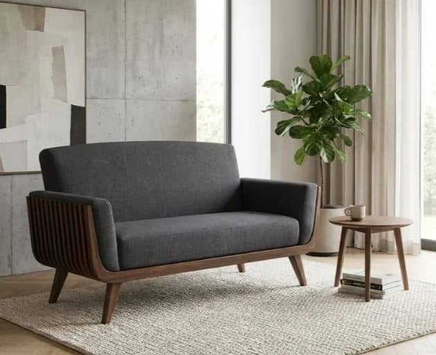 Zed Design Modern Walnut Wood Comfort Sofa with Solid Natural Wood Frame & Custom Upholstery