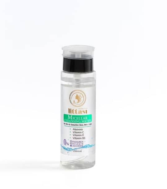 Littasi Sulfate-Free & Paraben-Free Micellar Cleansing Water for Dry & Sensitive Skin , Hydrating Makeup Remover with Vitamins C, E & B5 and Aloe Vera Extract for Face, Eyes & Lips (200 ml)
