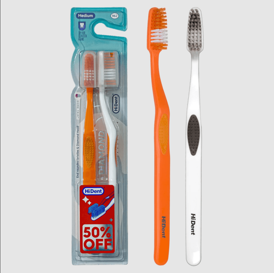 HiDent diamond medium toothbrush with cap, twin pack