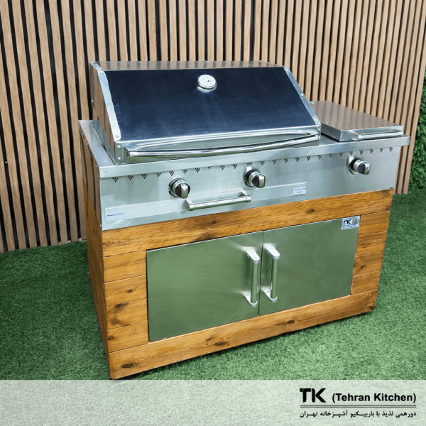 Tehran Kitchen 110 cm Gas & Charcoal BBQ with Cabinet & Side Burner -Stainless Steel & Thermowood