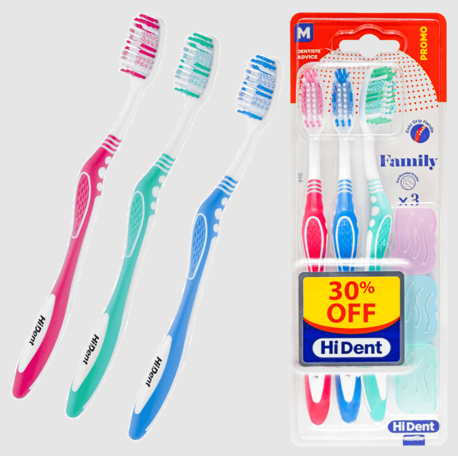 HiDent professional spiral medium toothbrush with cap, 3 Pcs pack