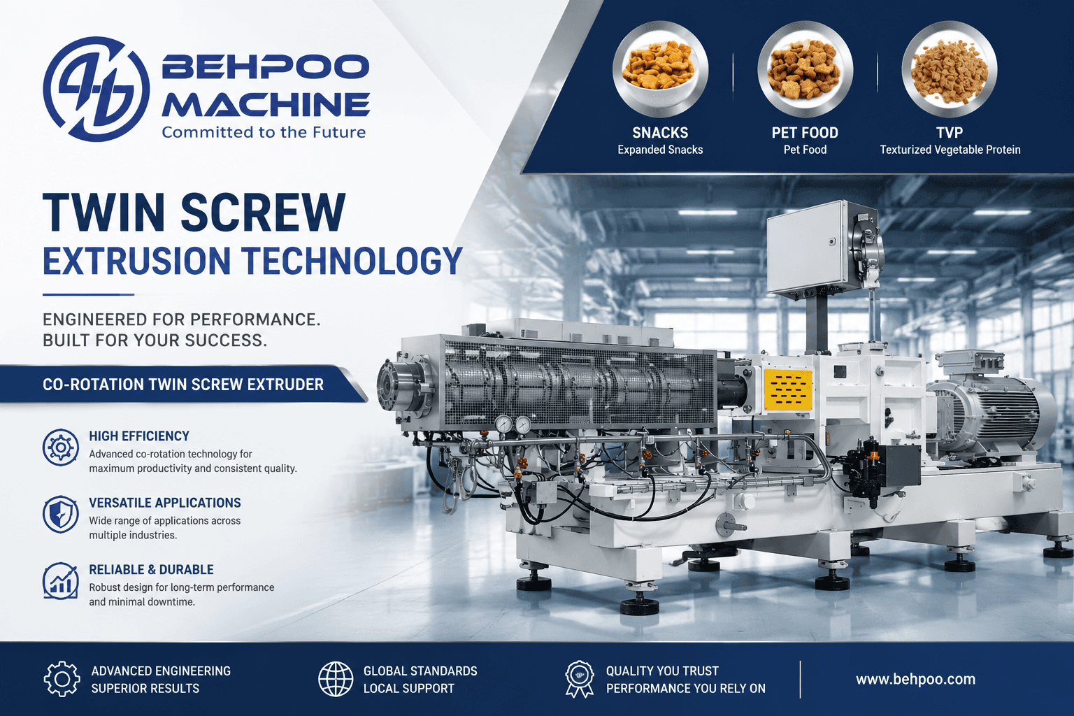 Twin-Screw Extruder: Used for processing a wide range of products, including various types of snacks, breakfast cereals, textured proteins, pet foods, aquatic feeds, and more.