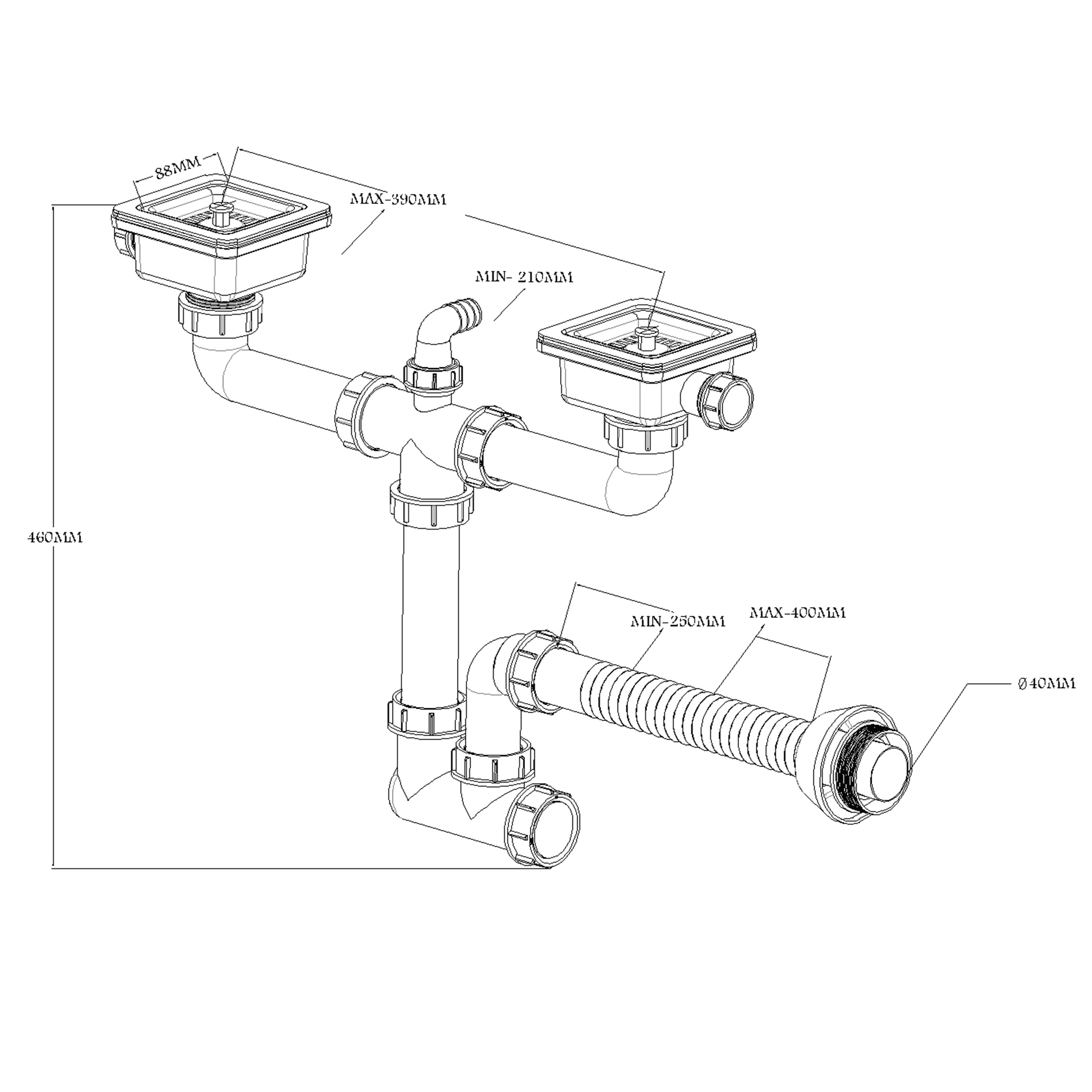 square drain siphon for double bowl sinks without overflow include cleaning port