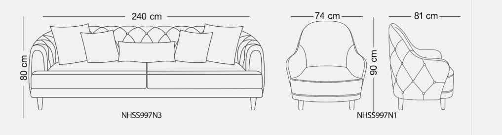 MARIN Contemporary Chesterfield Sofa , Solid Beech & Birch Wood Frame with Molded Polyurethane Foam