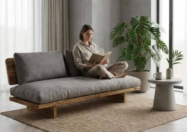 Zed Design Modern Minimalist Walnut Wood Upholstered Sofa Bench